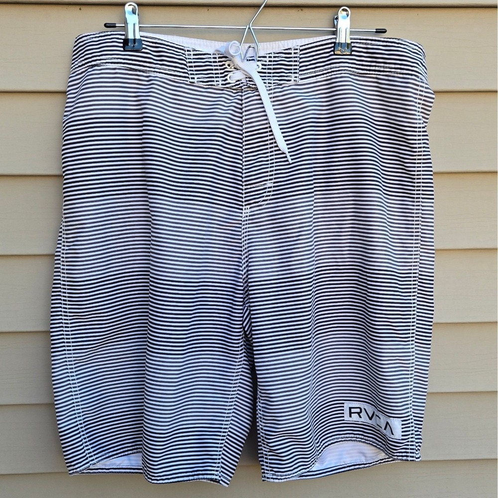 RVCA Mens Board Shorts Black White Striped Swim Trunks Size 34